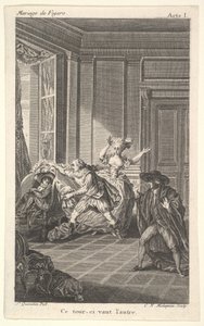 Bir sandalyeye kıvrılmış bir adam, kendisine soldan yaklaşan başka bir adama bakar i..., ca. 1784. by Claude Nicolas Malapeau