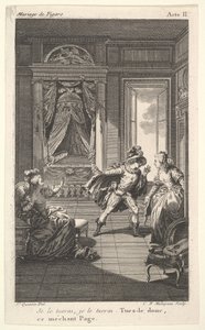 Bir adam kapı aralığında duran bir kadına doğru eğiliyor, sağda, solda oturan bir kadın kaldırıyor..., yakl. 1784. by Claude Nicolas Malapeau