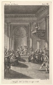 Basamaklı bir platformda bir sandalyede oturan bir adam bir seyirci tutuyor, iki işaret eden adam ayakta..., yakl. 1784. by Claude Nicolas Malapeau