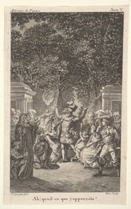 Genç bir çocuk bir bahçede ağaçların altında bir meşale tutuyor, ortada bir adam iki kolunu kaldırıyor, s..., yakl. 1784. by Claude Nicolas Malapeau