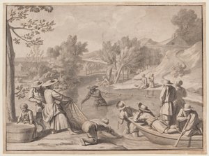 Ağustos: Balıkçılık, c.1700 (mürekkep) by Claude Simpol