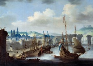 Rouen şehrinin görünümü Gemiler Seine kıyısında demirli. Claude de Jongh tarafından boyama