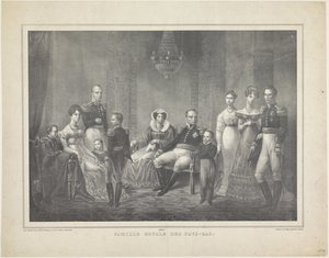 Hollanda Kralı William I Frederik, Prusya Wilhelmina, oğulları, eşleri, kızları ve dört torununun aile portresi by Claudio Linati