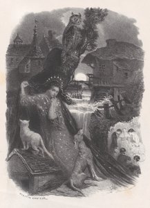 Gece, 18. yüzyıl kostümü içinde gül toplayan kızın skeç, ca. 1830-65. by Célestin Nanteuil