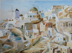 Santorini Oia – Öğleden Sonra Güneşi, 2022 (suluboya)