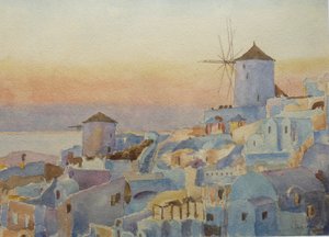 Santorini Oia – Gün Batımı, Aydınlatma Zamanı, 2019 (suluboya)