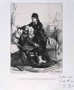 Franco-Prussian War 1870-1871: A wounded soldier being nursed and nourished. From a series of lithographs by Clement August Andrieux on the Gardes Nationales.