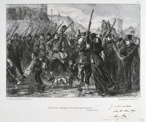 Fransa-Prusya Savaşı 1870-1871: Versailles yakınlarındaki Buzenval Savaşı (Valerien Dağı) 19 Ocak 1871. Garde National, savaşa ve yenilgiye doğru ilerliyor. Clement August Andrieux
