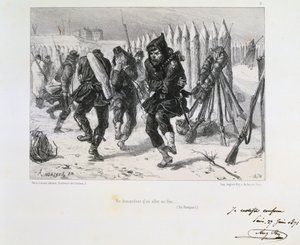 1870-1871 Fransa-Prusya Savaşı. Paris Kuşatması 19 Eylül 1870-28 Ocak 1871. Isınmak için surlarda zıplayan askerler. Clement August Andrieux