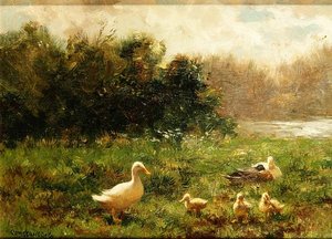 Nehir Kıyısında Ördek ve Ördek Yavruları (tuval üzerine yağlı boya)
