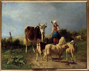 İnek ve koyunu olan bir çoban. Constant Troyon (1810-1865) 19. yüzyıl Güneşi tarafından yapılan resim. 0,73x0,92 m