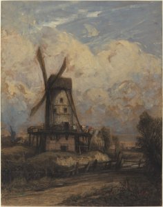 Bulutlu Bir Gökyüzüne Karşı Yel Değirmeni by Constant Troyon