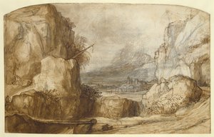 Dağlık Manzara (kalem, kahverengi mürekkep, kağıt üzerinde fırça ve tebeşir) by Constantin Daniel van Renesse
