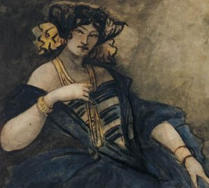 Oturan, zarif giyimli kadın, yarım figür by Constantin Guys