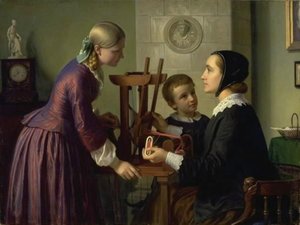 Bir ev hanımı goblenin başında iki çocukla konuşuyor by Constantin Hansen