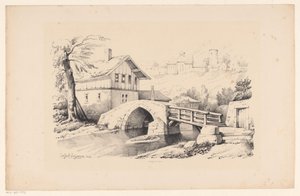 Tepelik bir manzarada köprü ve ev Manzara (dizi adı) by Constantinus Cornelis Huysmans