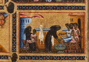 Bardi St. Francis sunağı ve hayatının yirmi hikayesi, Bardi Şapeli, birini kollarında tutarken diğerlerinin ayaklarını yıkarken cüzamlıları öğreten Aziz Aziz