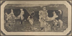 Richard Roland Holst tarafından vitray pencere için köylü kadınlar ve inekler ile tasarım çiziminin fotoğraflı reprodüksiyonu by Cornelis Albertus Deul