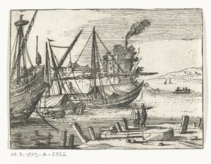 İki yelkenli gemi ve bir kalyon ile liman manzarası, rıhtımda duran iki adam Manzaralar ve Denizciler (dizi başlığı) by Cornelis Bol (attributed to)