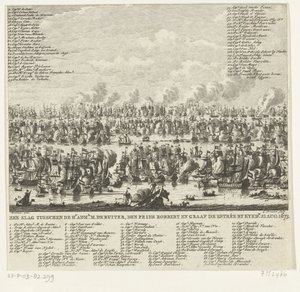 Kijkduin Savaşı, 1673 Hr arasındaki Deniz Savaşı. yönetici. M. de Ruiter, Prens Robbert ve Kont de Estrée, Kykdn tarafından. 21 Ağustos 1673 (nesne üzerindeki başlık)