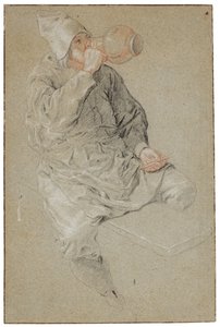 Oturmuş bir adam elinde bir pipo tutarak toprak bir tankarddan içiyor (kağıt üzerine tebeşir) by Cornelis Dusart