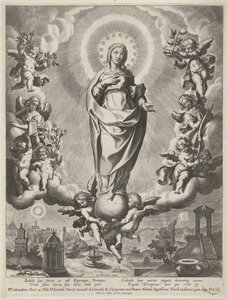 Meryem, meleklerle çevrili bir küre üzerinde by Cornelis Galle (I)