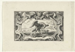 Kendi kanıyla yavrusunu besleyen pelikanlı vinyet by Cornelis Galle (II) (attributed to)