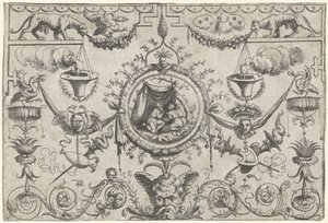 Bir bezin altında diz çökmüş üç figürlü süsleme by Cornelis Massijs (attributed to)