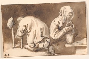 Diz çökmüş bir adam ve sepetli bir kadın by Cornelis Pietersz Bega