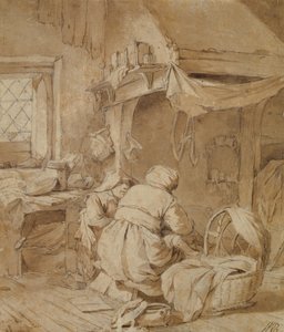 Çiftçi, Beşik ve Çocuklu Çiftlik Evi Salonu, c.1654 (kağıt üzerinde kalem ve mürekkep ve kurşun kalem üzerine fırça) by Cornelis Pietersz Bega