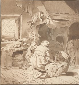 İki kadın ile çiftlik evi iç by Cornelis Ploos van Amstel (signed by artist)