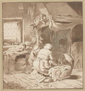 İki kadın ile çiftlik evi iç by Cornelis Ploos van Amstel