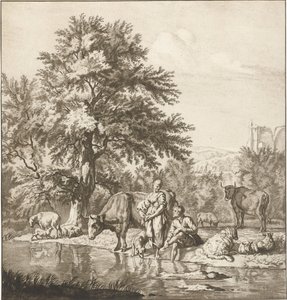 Bir nehir tarafından sürü ile çoban ve çoban kız Baskı çalışması (seri başlığı) by Cornelis Ploos van Amstel