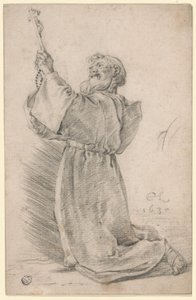 Bir haç tutan diz çökmüş rahip by Cornelis Saftleven