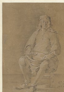 Kucağında bir kase ile oturan adam by Cornelis Saftleven