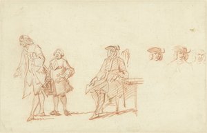 Ayakta duran iki adam ve başı üç kez tekrarlanan oturan bir adamdan oluşan çalışma kağıdı by Cornelis Troost