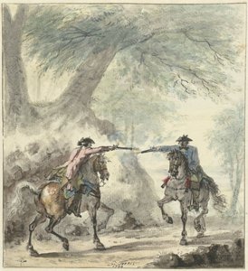 Bir orman yolunda karşılaşan ve birbirlerine ateş eden iki atlı by Cornelis Troost