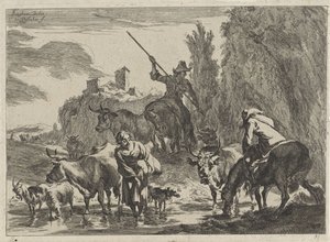 Sığırlı çobanlar bir dereden geçiyor Manzaralar (dizi başlığı) by Cornelis Visscher (II)
