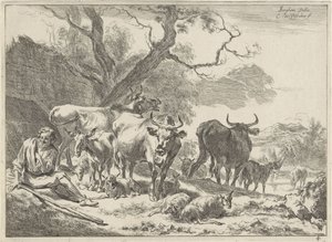 Yaşlı çoban sürüsü ile dinleniyor Manzaralar (dizi başlığı) by Cornelis Visscher (II)