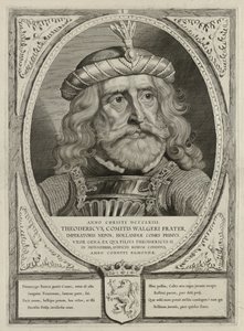 Dirk I, Hollanda Kontu, zırh içinde. Çerçeve Hollanda arması ile süslenmiştir. NL-HlmNHA 1477 53012894