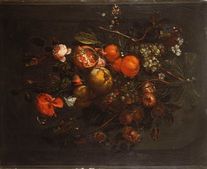 Bir Niş İçinde Bir Çividen Sarkan Meyve ve Çiçek Buketi by Cornelis de Heem