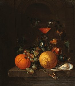 Bir Çıkıntıda Limon, Portakal, Üzüm, İstiridye ve Bir Kadeh Şarap by Cornelis de Heem