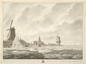 20 Şubat 1799, Gorinchem'deki Runmolen'in arkasındaki korkuluk üzerinde ve karşısında buzun hilalinin görünümü by Cornelis de Jonker