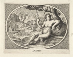 Amerika kıtasının bir manzarada tüy başlıklı ve oklu bir kadın olarak kadın kişileştirilmesi Amerika (nesne üzerindeki başlık) by Cornelis van Dalen (II)