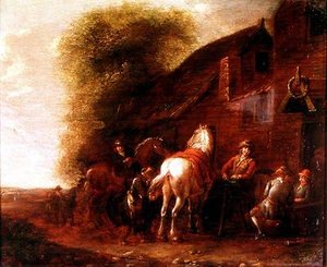 Bir köy hanı dışında atlılar by Cornelis van Essen