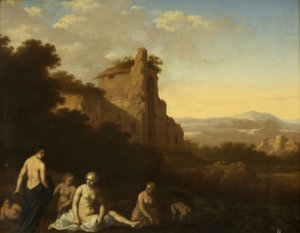 Periler Banyosu (panelde yağ) by Cornelis van Poelenburgh or Poelenburch