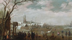 Kış mevsiminde buz üzerinde figürlerin yer aldığı bir köy manzarası by Cornelius Droochsloot