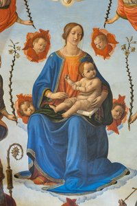 Görkemli Çocuklu Madonna, Aziz Ambrose, Assisili Aziz Francis, Baba Tanrı ve meleklerin, Altarpiece, detay (fresk) by Cosimo Rosselli