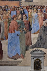 Neoplatonik Hümanistler Grubu' (soldan, Marsilio Ficino, Giovanni Pico della Mirandola ve Agnolo Poliziano): 'Ayin Mucizesi' detayı, fresk (fresk)