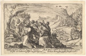 Tanrı Nuh ile bir antlaşma yapar: Nuh dumanı tüten bir odun yığınının yanında diz çöker s..., 1612.